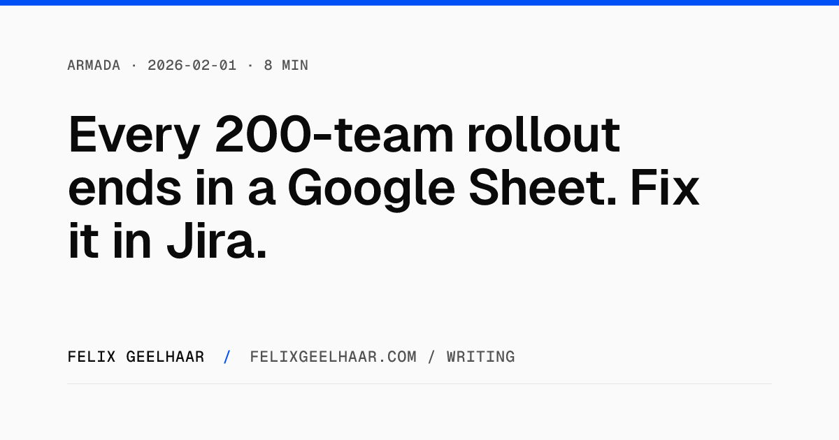 Cover art for "Every 200-team rollout ends in a Google Sheet. Fix it in Jira."